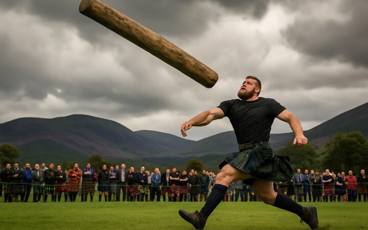Kilt tragender Athlet wirft beim Braemar Gathering einen schweren Baumstamm (Caber) vor der Kulisse der Cairngorms