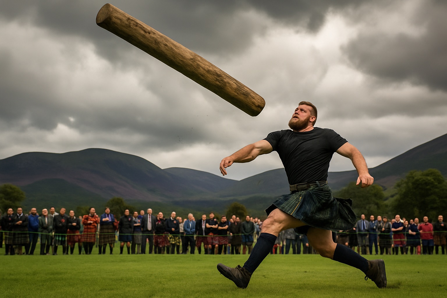 Kilt tragender Athlet wirft beim Braemar Gathering einen schweren Baumstamm (Caber) vor der Kulisse der Cairngorms