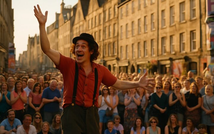 Straßenkünstler unterhält beim Edinburgh Fringe eine große Menschenmenge auf der historischen Royal Mile