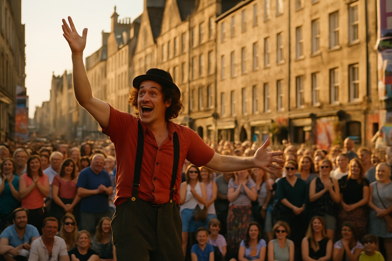 Straßenkünstler unterhält beim Edinburgh Fringe eine große Menschenmenge auf der historischen Royal Mile