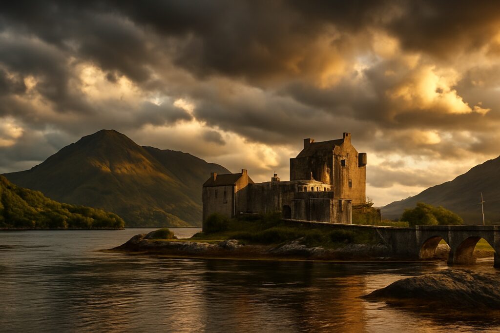 Eilean Donan Castle an einem schottischen Loch mit den Highland-Bergen