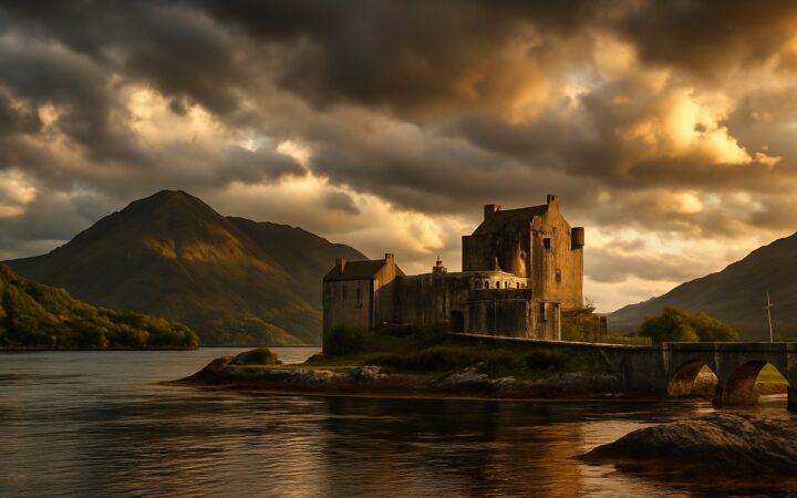 Eilean Donan Castle an einem schottischen Loch mit den Highland-Bergen