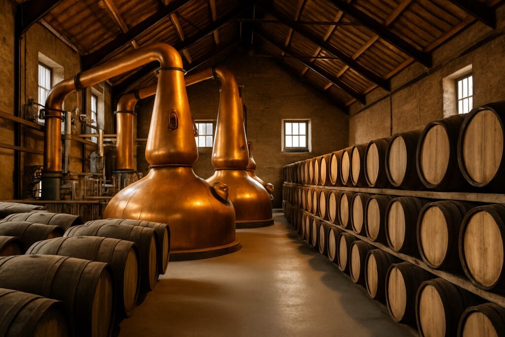 Speyside-Whisky-Destillerie mit kupfernen Brennblasen und Eichenfässern