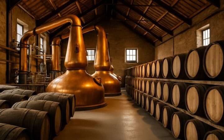 Speyside-Whisky-Destillerie mit kupfernen Brennblasen und Eichenfässern